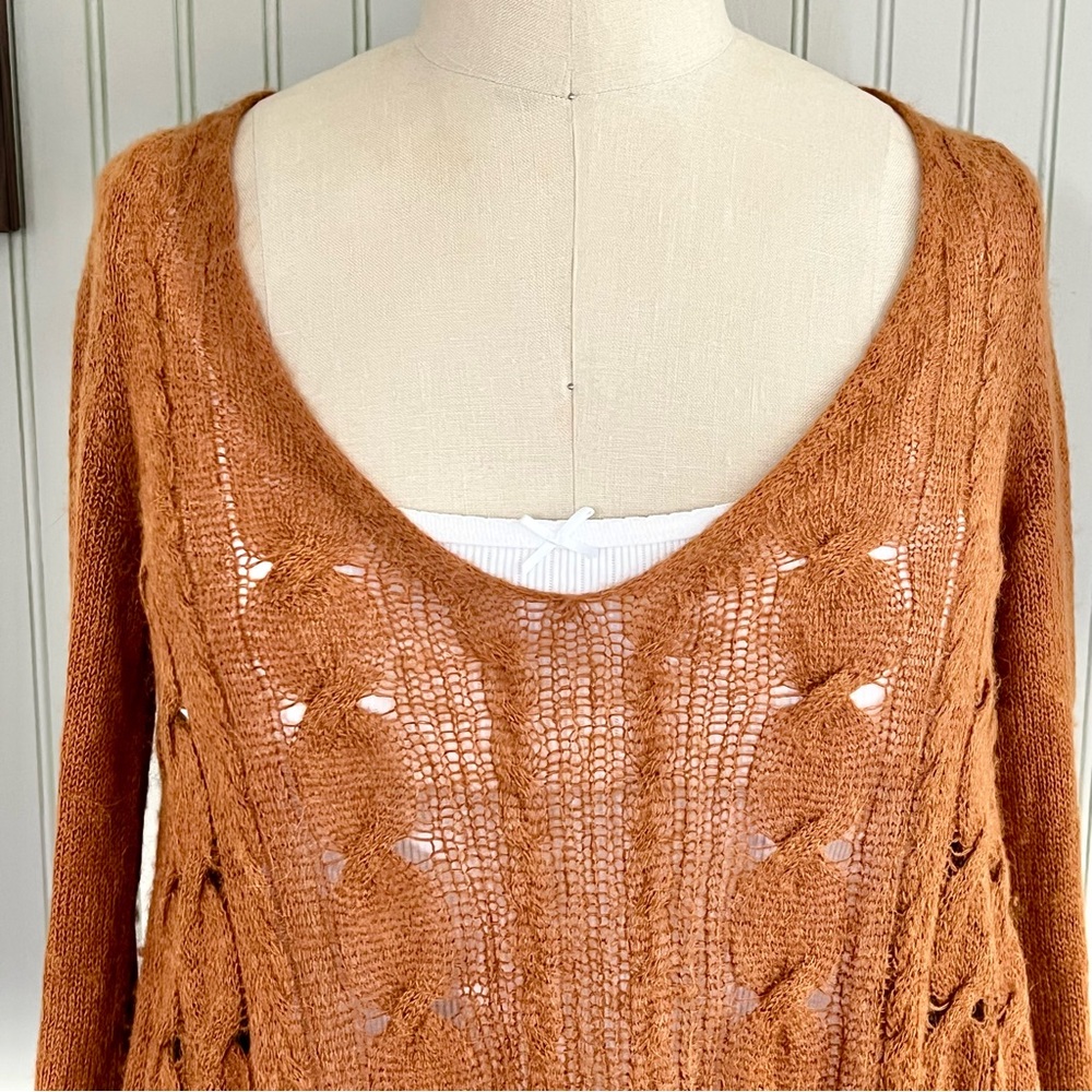 Free People Found My Friend Open Knit Waterfall Sweater Honey Rust - Picture 2 of 10
